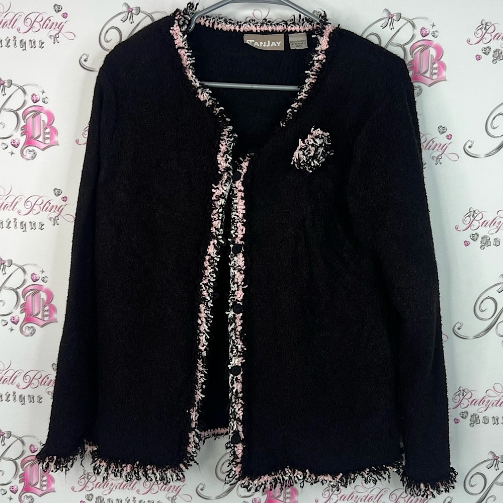 TanJay blazer tweed style pink white Black and Pink Knit Jacket with brooch